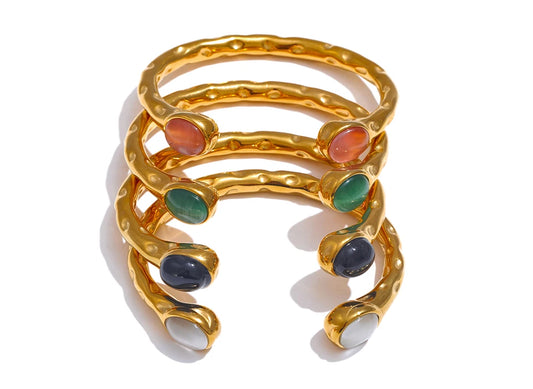 Bracelet manchette pierres naturelles – Acier inoxydable doré, ouvert & étanche