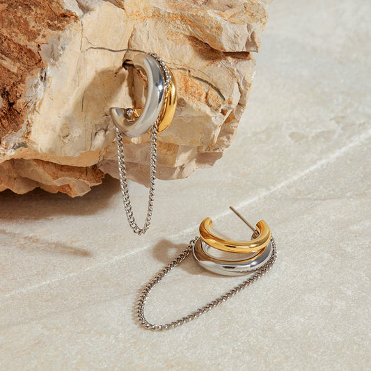 Boucles d’oreilles femme tendance – Créoles pampilles bicolores en acier inoxydable, plaqué or 18K