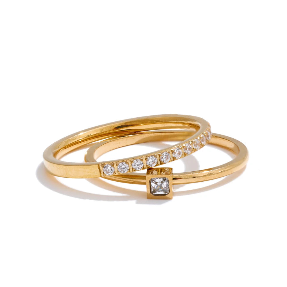 Lot de 2 bagues superposables femme en acier inoxydable doré – Zircon