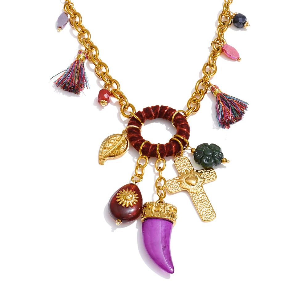 Collier long résine et pampilles en acier inoxydable