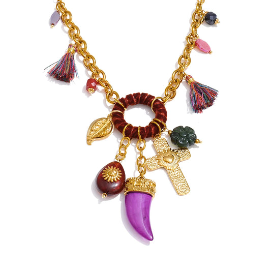 Collier long résine et pampilles en acier inoxydable