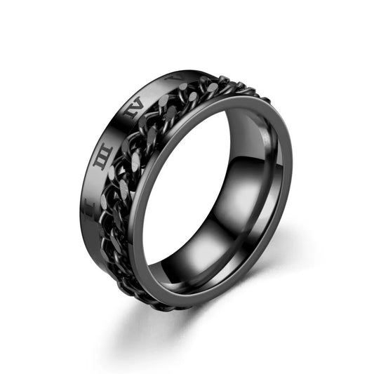 Bague anti-stress homme noire œil gravé en acier inoxydable