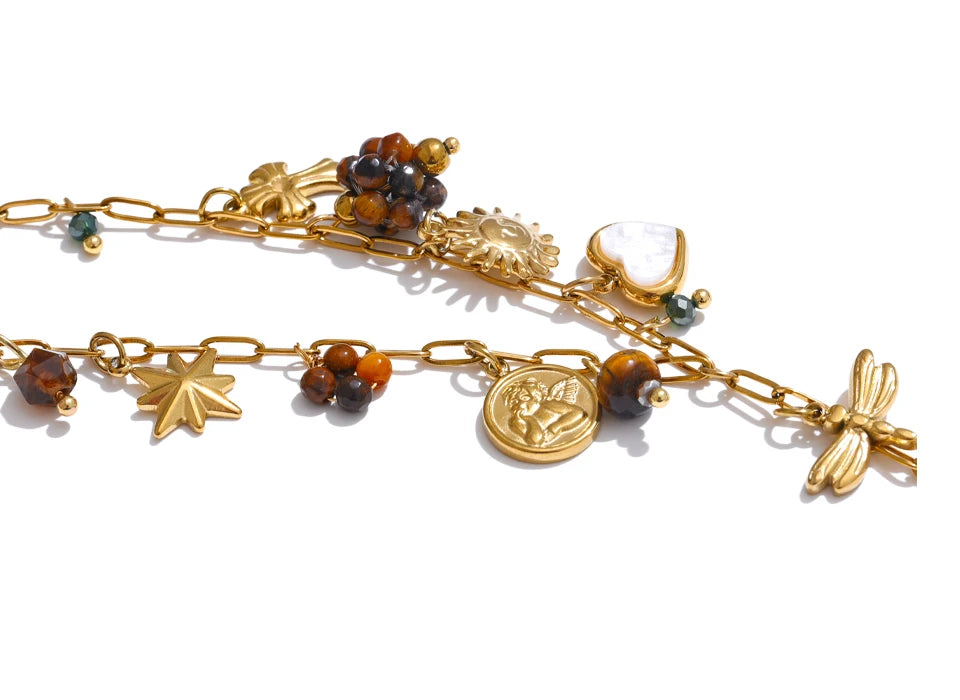 Collier pendentifs symboliques – Acier inoxydable & pierres naturelles