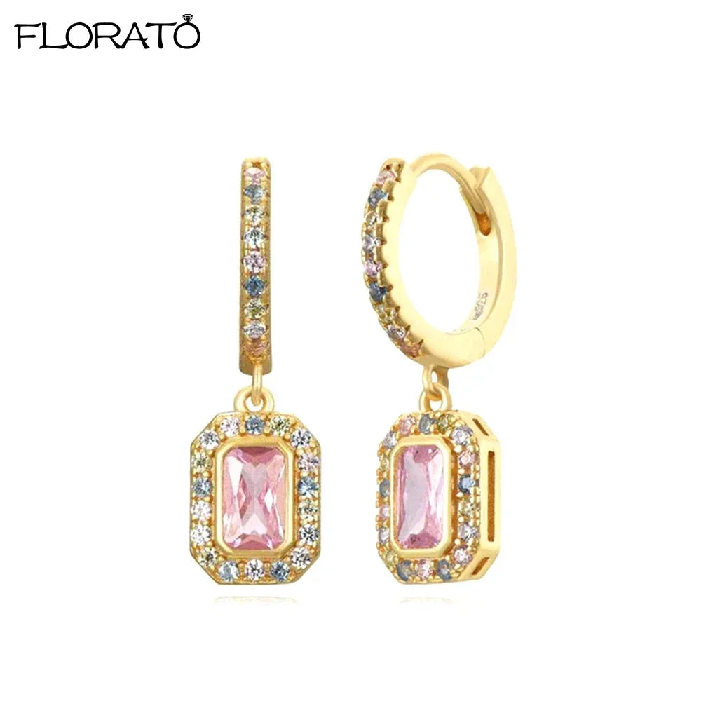 Boucles d’oreilles créoles en argent 925 plaqué or 18K – Zircon rose, style romantique et tendance