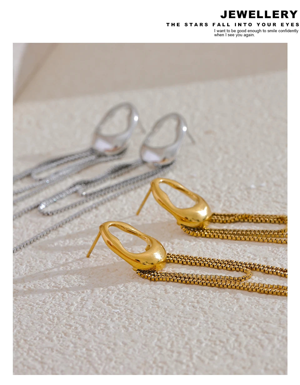 Boucles d’oreilles chaînes longues – Acier inoxydable 316L, design géométrique