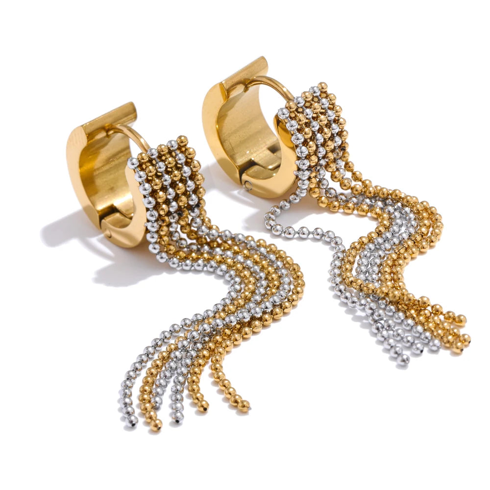 Boucles d’oreilles longues à strass et chaînes fluides en acier inoxydable plaqué or 18K
