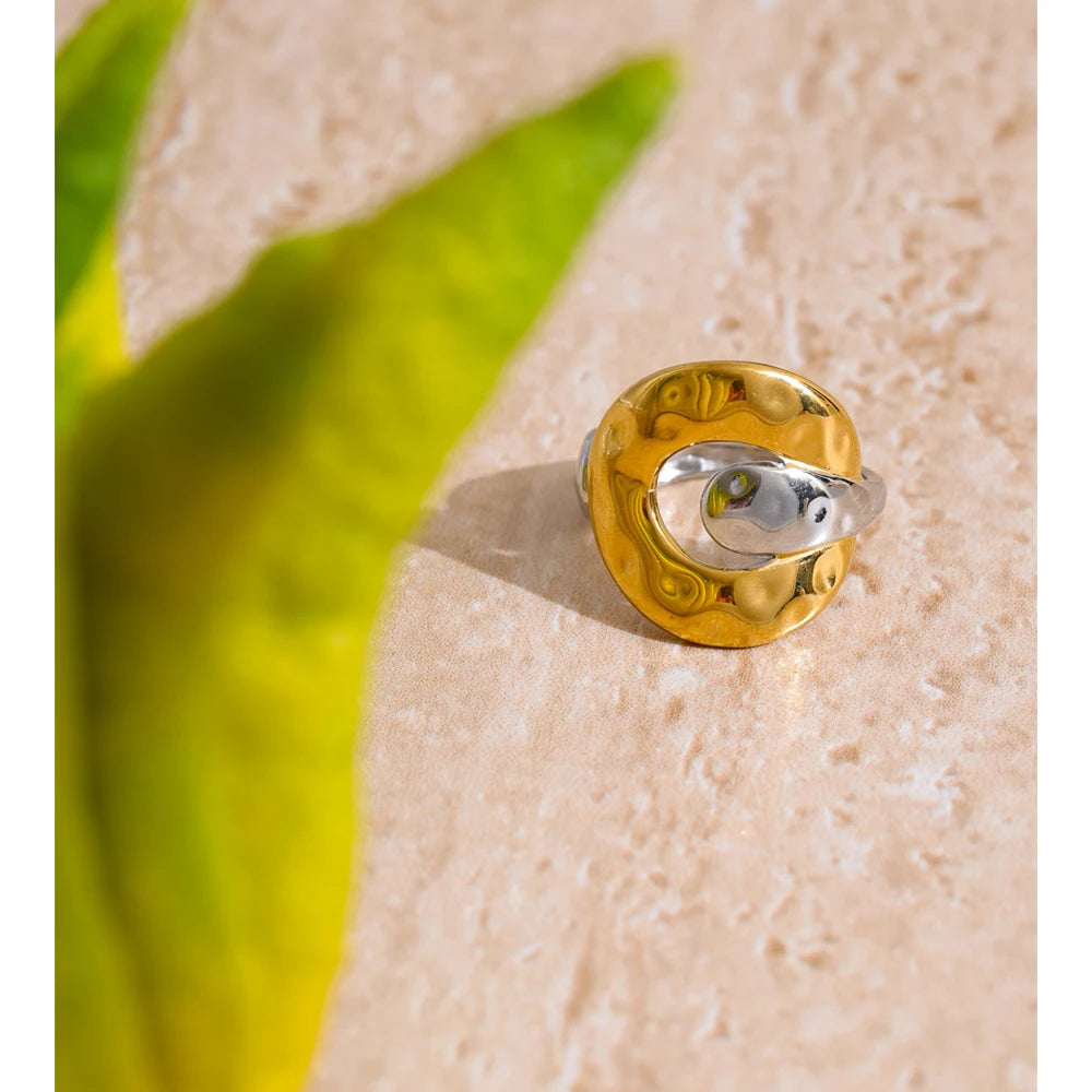 Bague bicolore argent & doré – design abstrait ajustable
