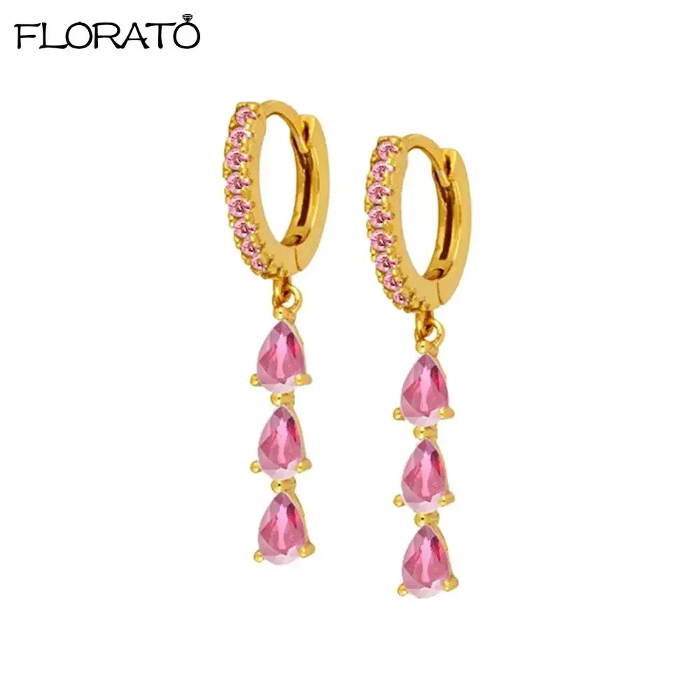 Boucles d’oreilles créoles en argent 925 plaqué or 18K – Zircon rose, style romantique et tendance
