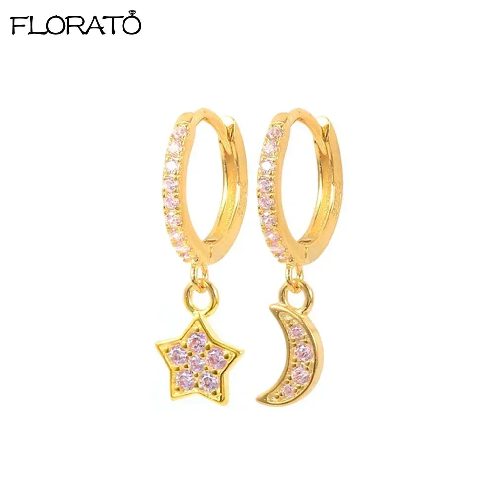 Boucles d’oreilles créoles en argent 925 plaqué or 18K – Zircon rose, style romantique et tendance