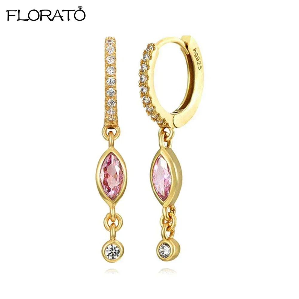 Boucles d’oreilles créoles en argent 925 plaqué or 18K – Zircon rose, style romantique et tendance