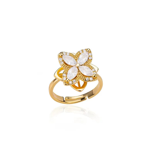 Bague femme trèfle doré en acier inoxydable – Anneau anti-stress spinner avec zircone, plaqué or 18K