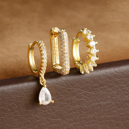 Ensemble de boucles d’oreilles Huggie en acier inoxydable doré – Créoles zircon CZ géométriques