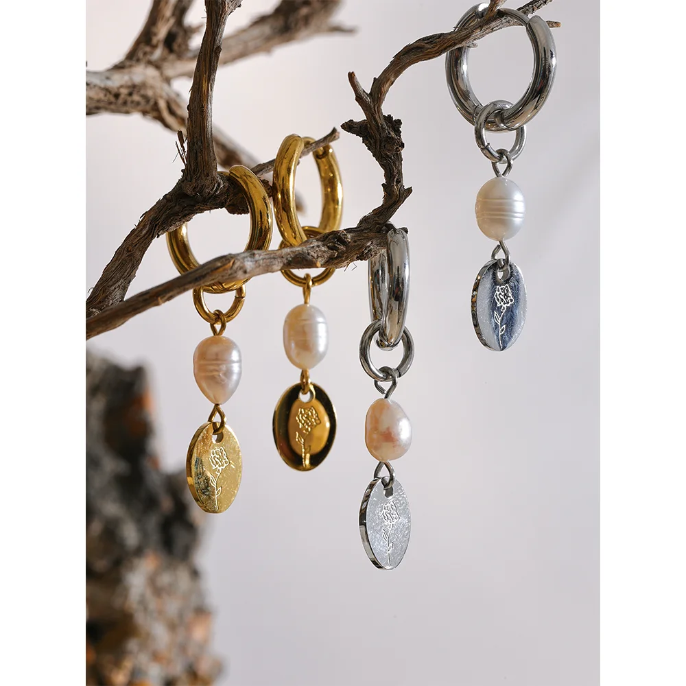 Boucles d’oreilles goutte perle & médaillon – Acier inoxydable doré ou argenté