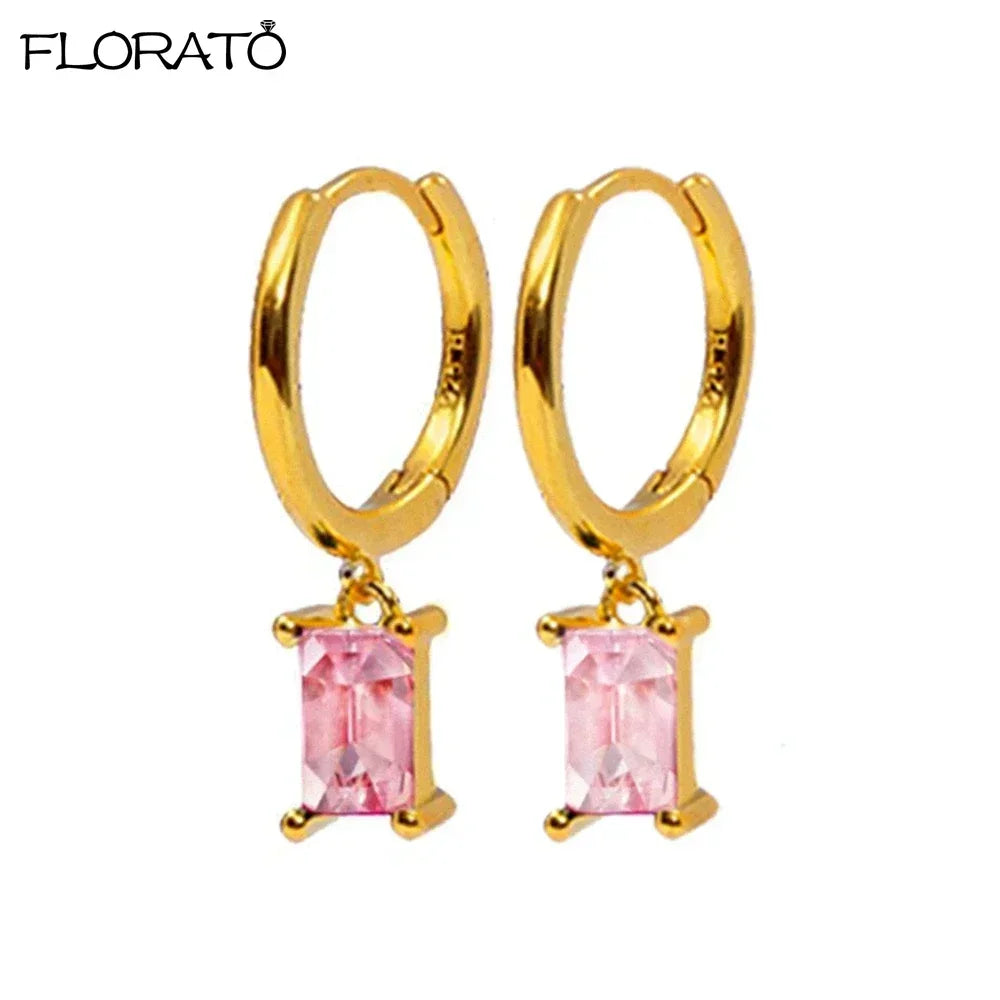 Boucles d’oreilles créoles en argent 925 plaqué or 18K – Zircon rose, style romantique et tendance