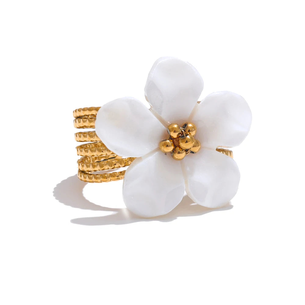 Bague fleur en coquille – Acier inoxydable doré, ouverte & étanche