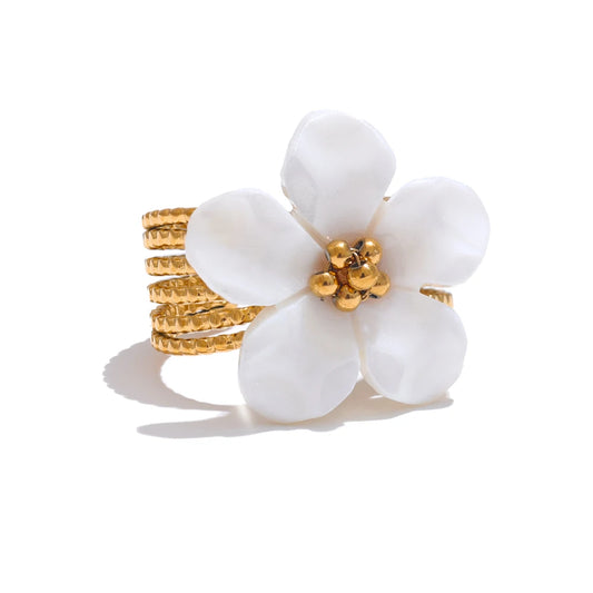 Bague fleur en coquille – Acier inoxydable doré, ouverte & étanche