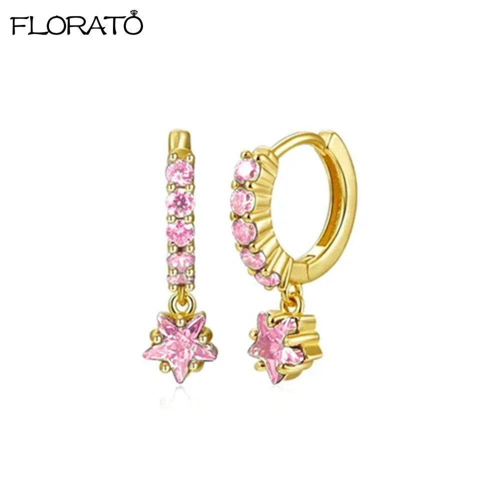 Boucles d’oreilles créoles en argent 925 plaqué or 18K – Zircon rose, style romantique et tendance