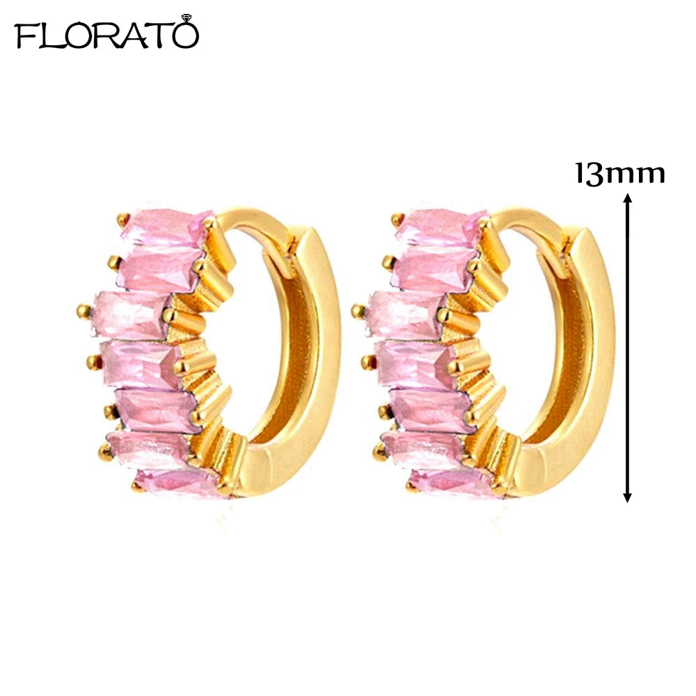 Boucles d’oreilles créoles en argent 925 plaqué or 18K – Zircon rose, style romantique et tendance