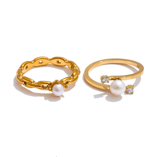 Bague superposable perle & zircon en acier inoxydable doré – 2 modèles