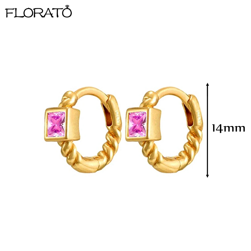 Boucles d’oreilles créoles en argent 925 plaqué or 18K – Zircon rose, style romantique et tendance