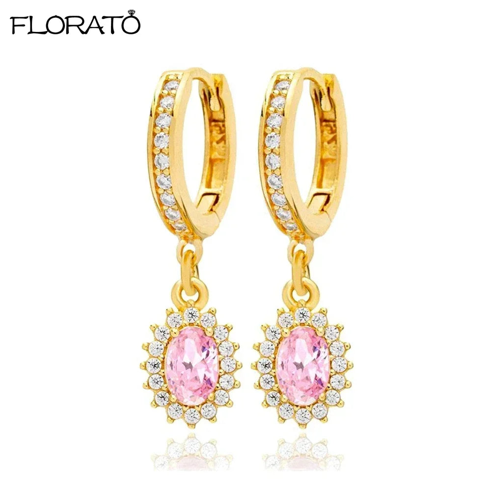 Boucles d’oreilles créoles en argent 925 plaqué or 18K – Zircon rose, style romantique et tendance