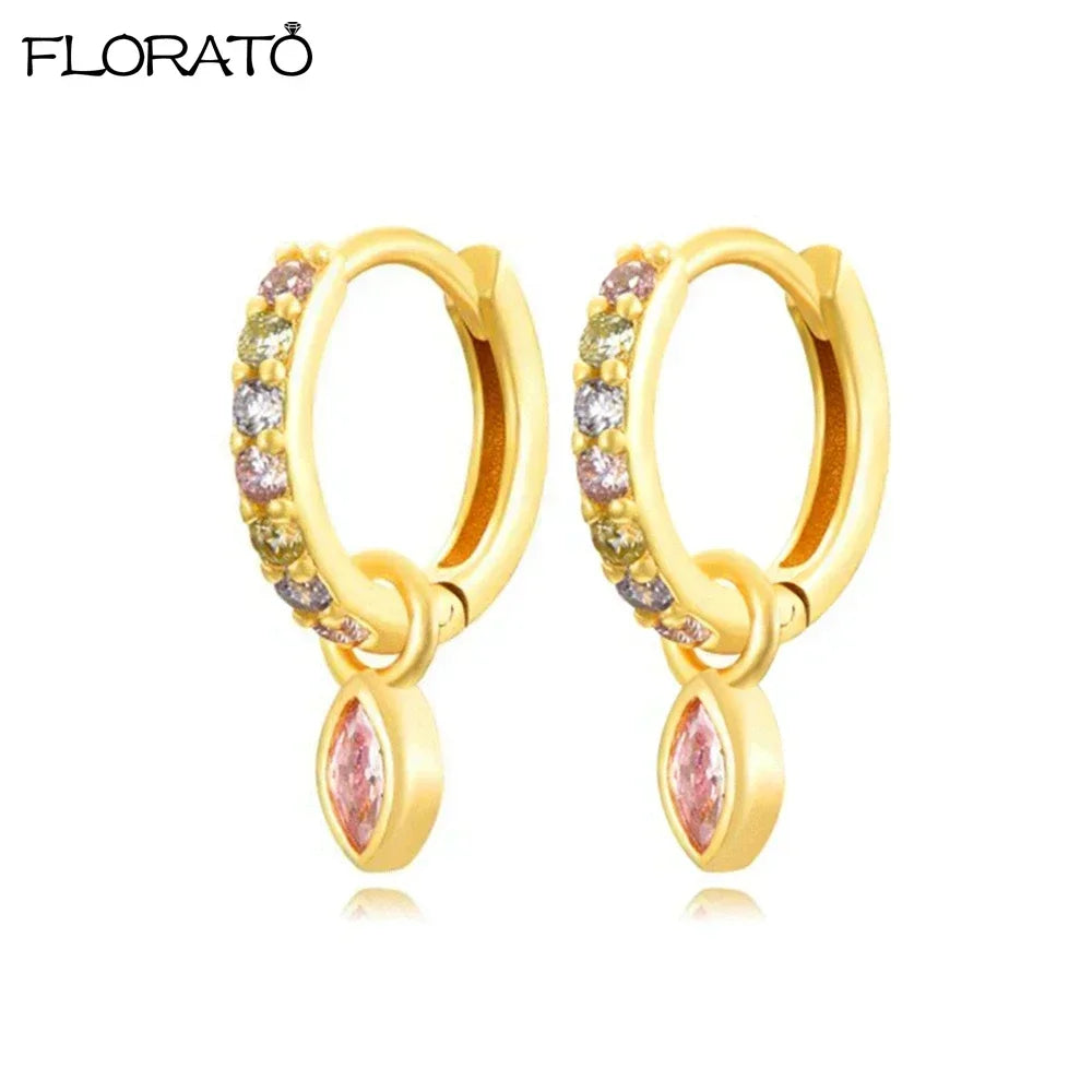 Boucles d’oreilles créoles en argent 925 plaqué or 18K – Zircon rose, style romantique et tendance