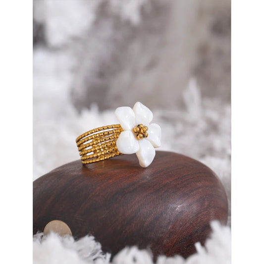 Bague fleur en coquille – Acier inoxydable doré, ouverte & étanche