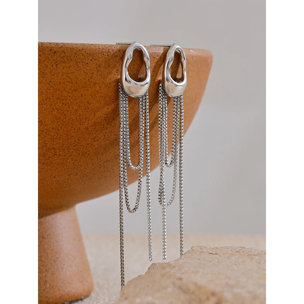 Boucles d’oreilles chaînes longues – Acier inoxydable 316L, design géométrique