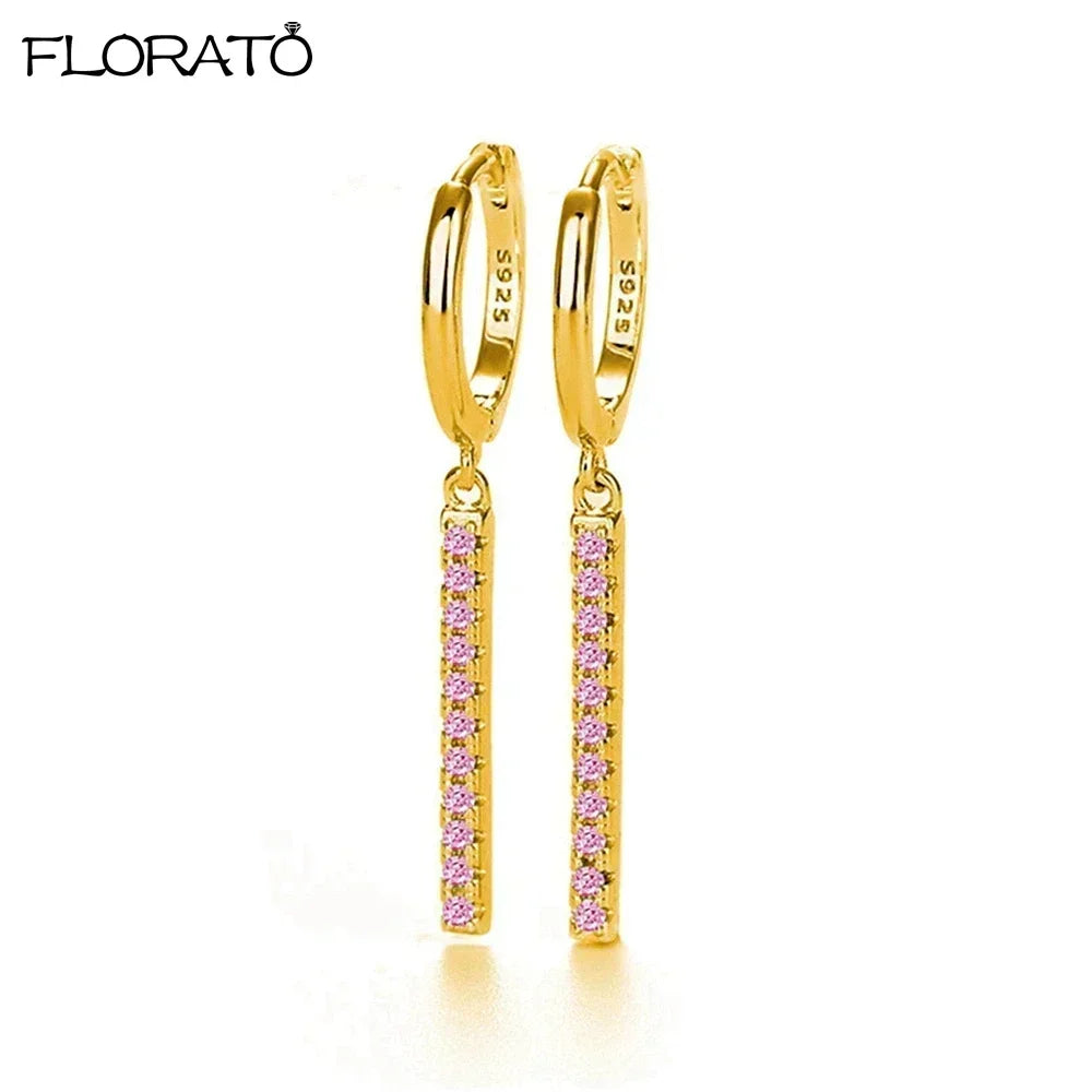Boucles d’oreilles créoles en argent 925 plaqué or 18K – Zircon rose, style romantique et tendance