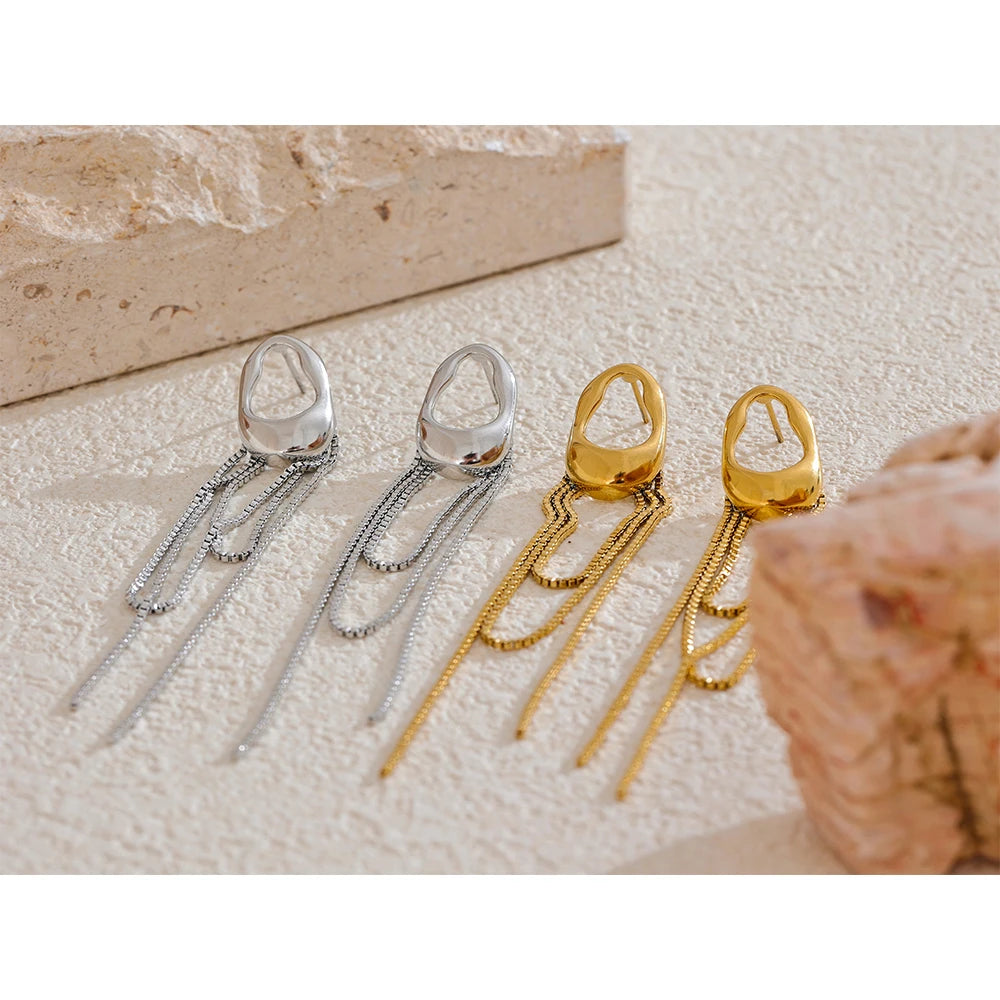 Boucles d’oreilles chaînes longues – Acier inoxydable 316L, design géométrique