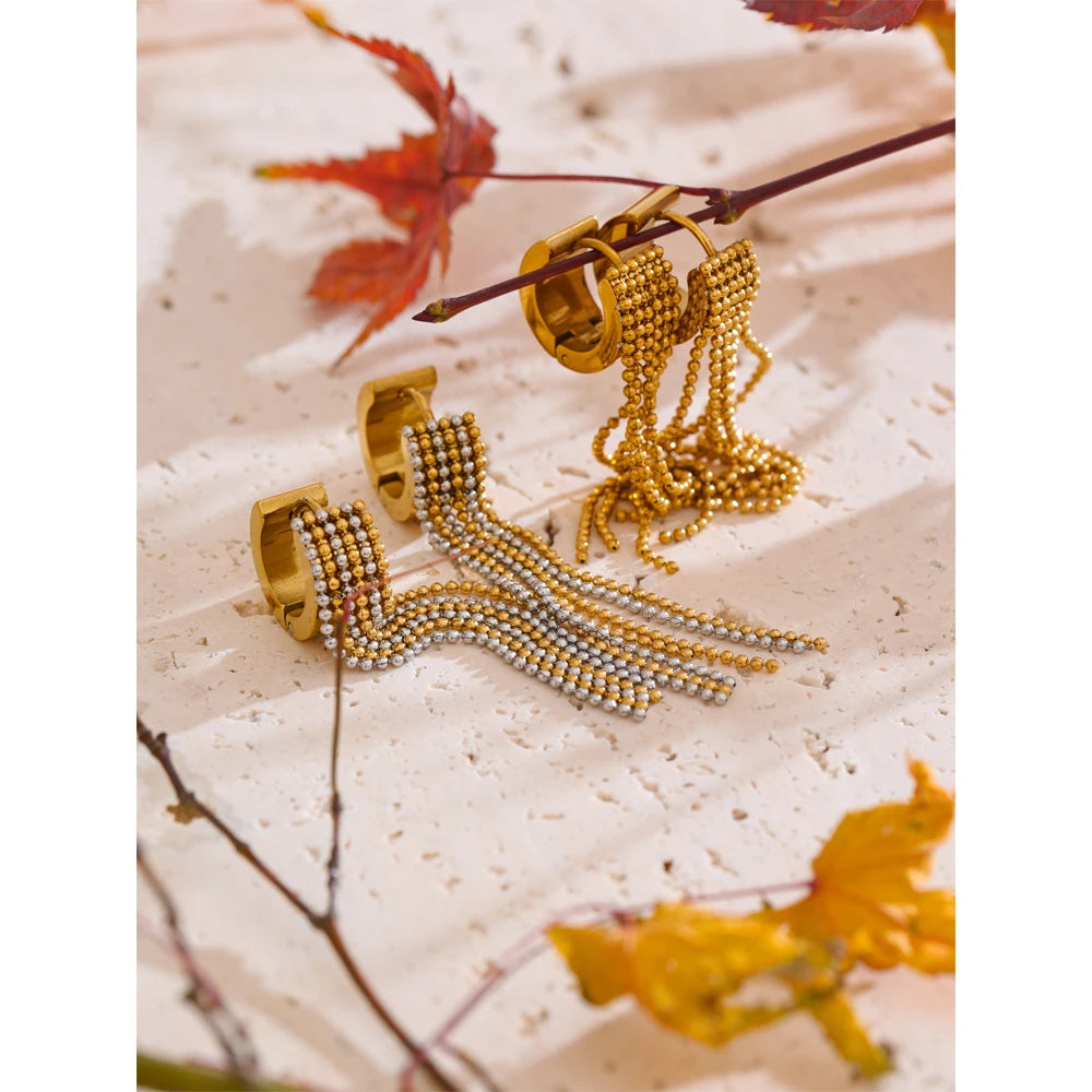Boucles d’oreilles longues à strass et chaînes fluides en acier inoxydable plaqué or 18K