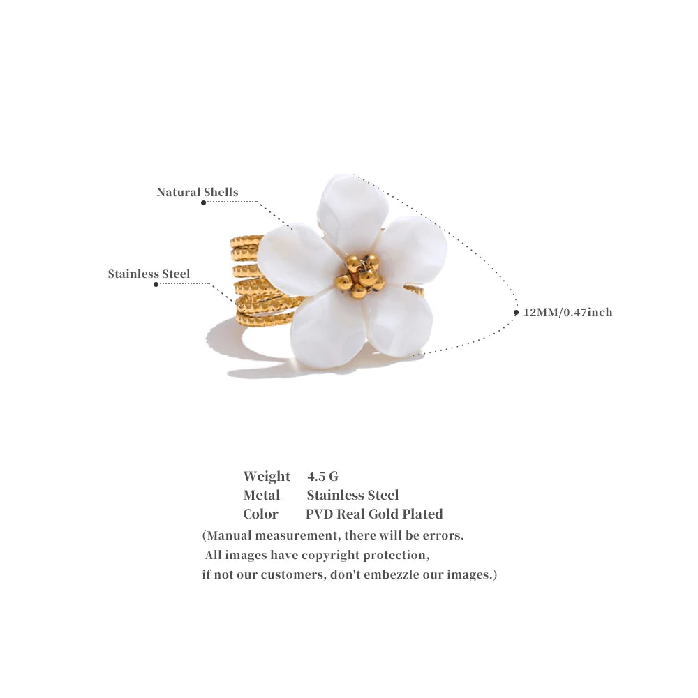 Bague fleur en coquille – Acier inoxydable doré, ouverte & étanche