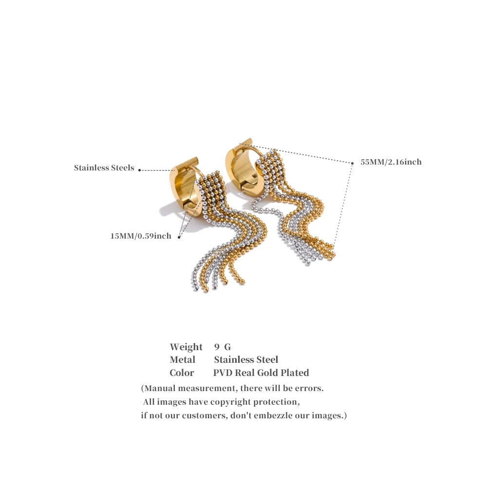 Boucles d’oreilles longues à strass et chaînes fluides en acier inoxydable plaqué or 18K