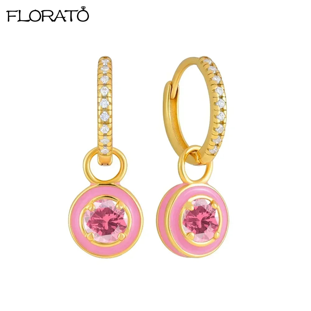 Boucles d’oreilles créoles en argent 925 plaqué or 18K – Zircon rose, style romantique et tendance