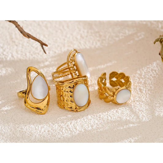 Bague ouverte femme géométrique en acier inoxydable doré – Coquille naturelle, ajustable PVD 18K