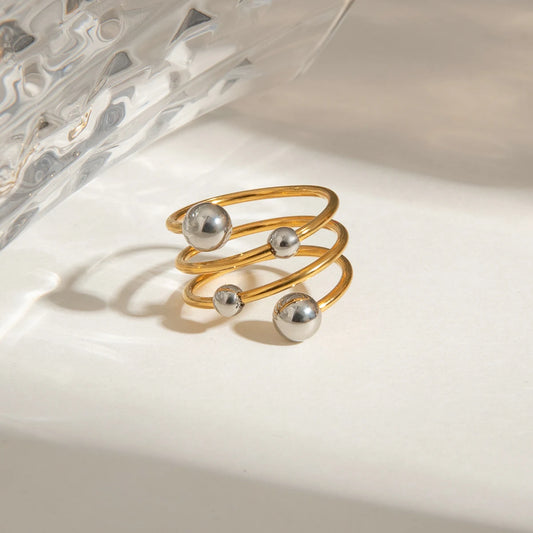 Bague triple rang boules doré & argent en acier inoxydable