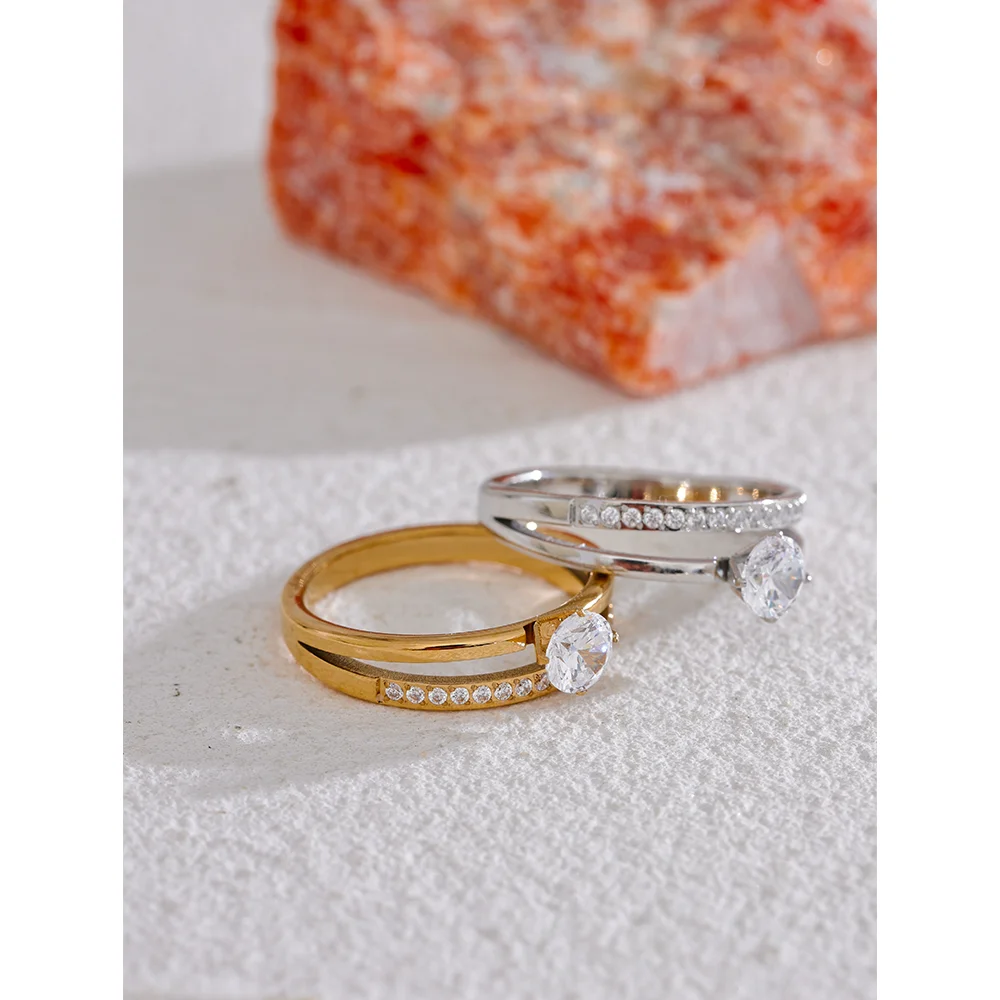 Bague double rang sertie – Acier inoxydable & zircon brillant