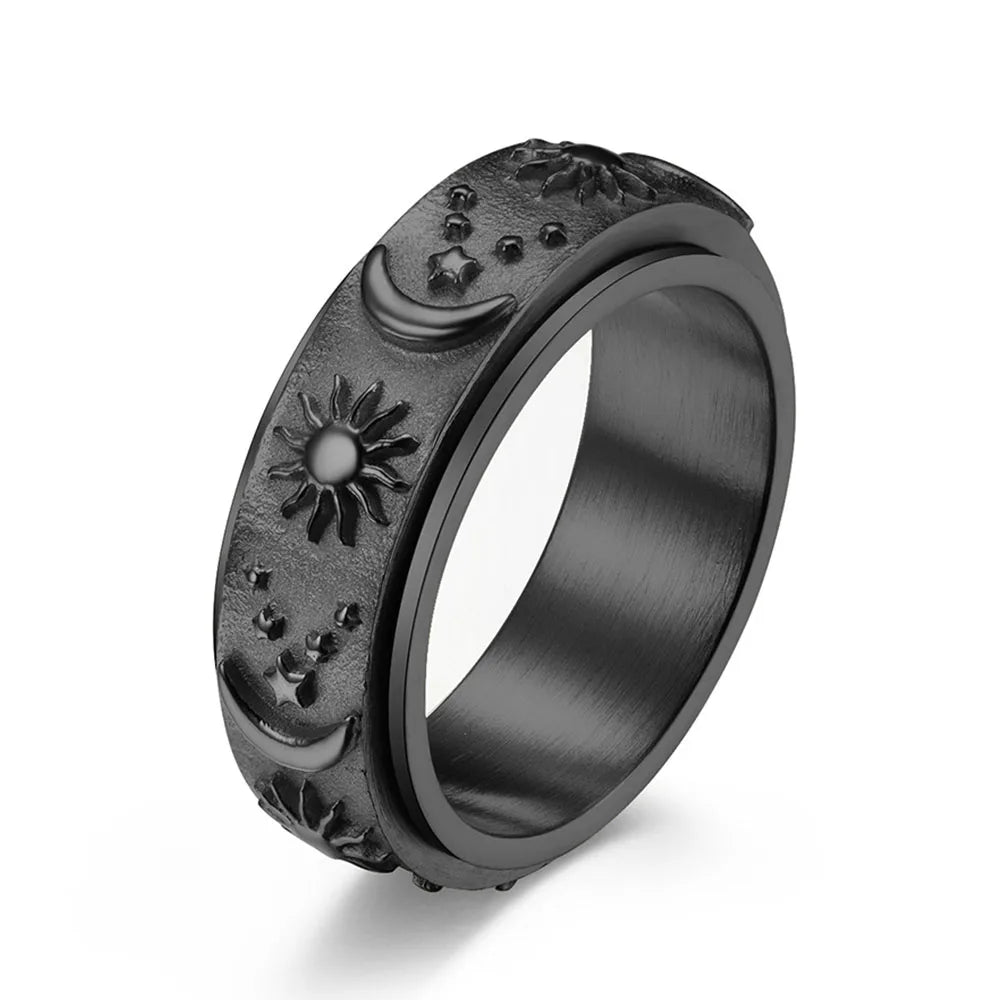 Bague anti-stress rotative Soleil & Lune en acier inoxydable – Bijou femme & homme