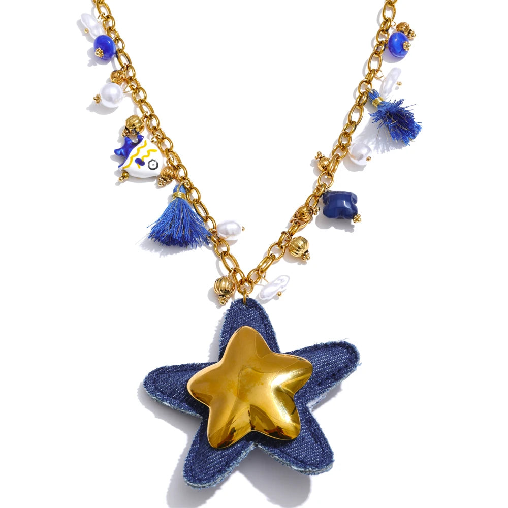 Collier pendentif cœur denim bleu & étoile – charme moderne et original