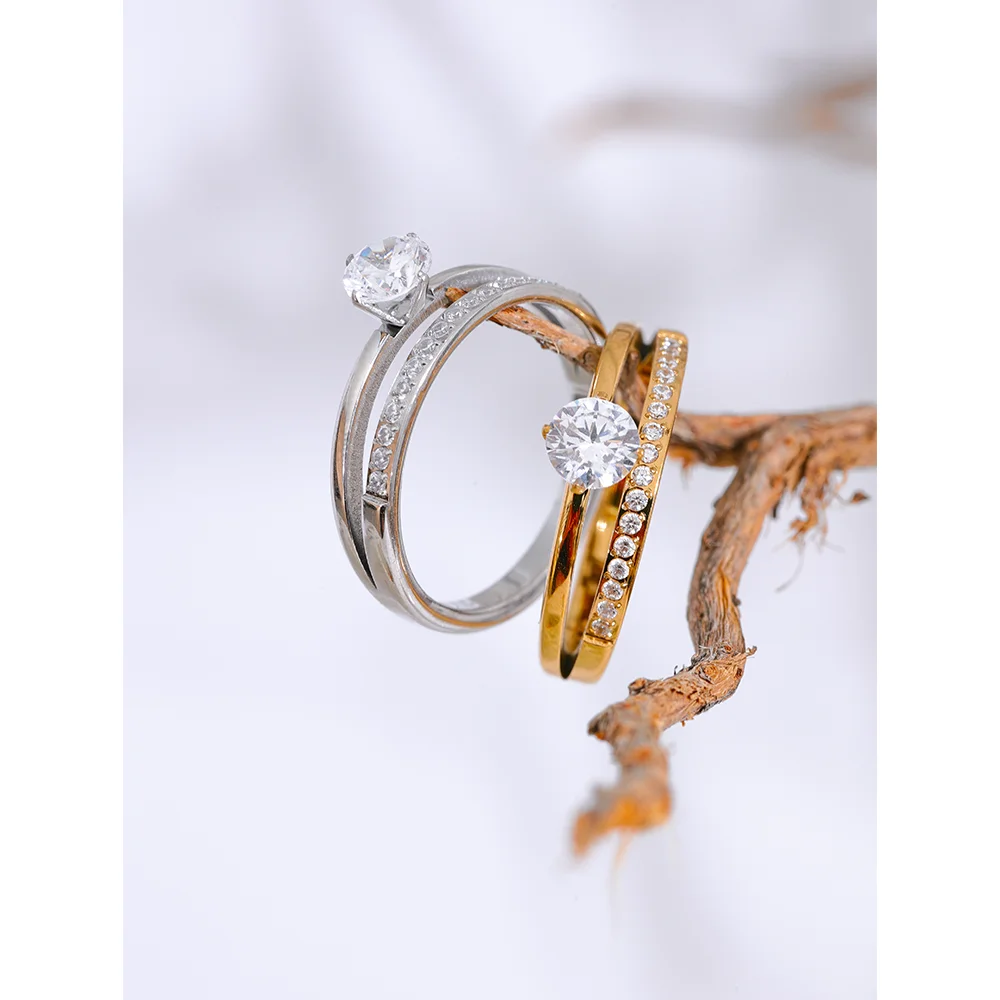 Bague double rang sertie – Acier inoxydable & zircon brillant