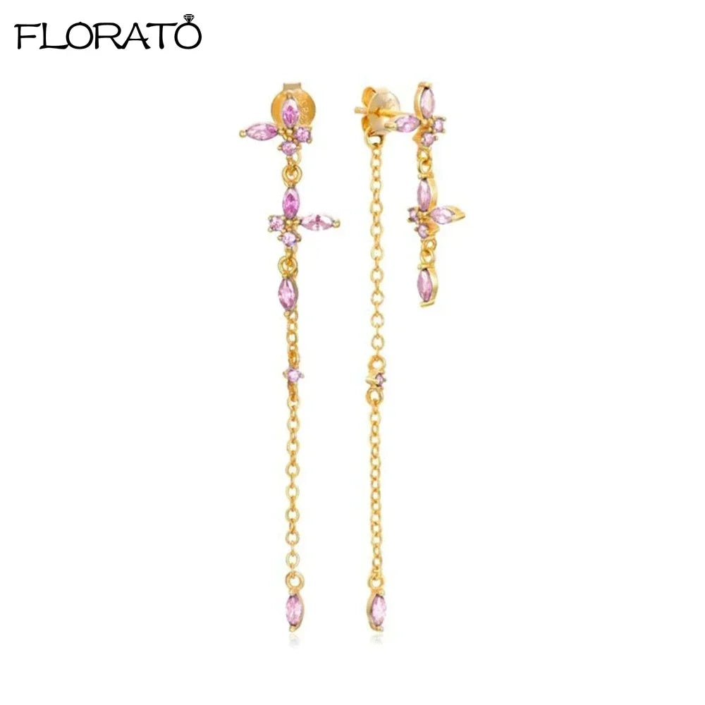 Boucles d’oreilles créoles en argent 925 plaqué or 18K – Zircon rose, style romantique et tendance
