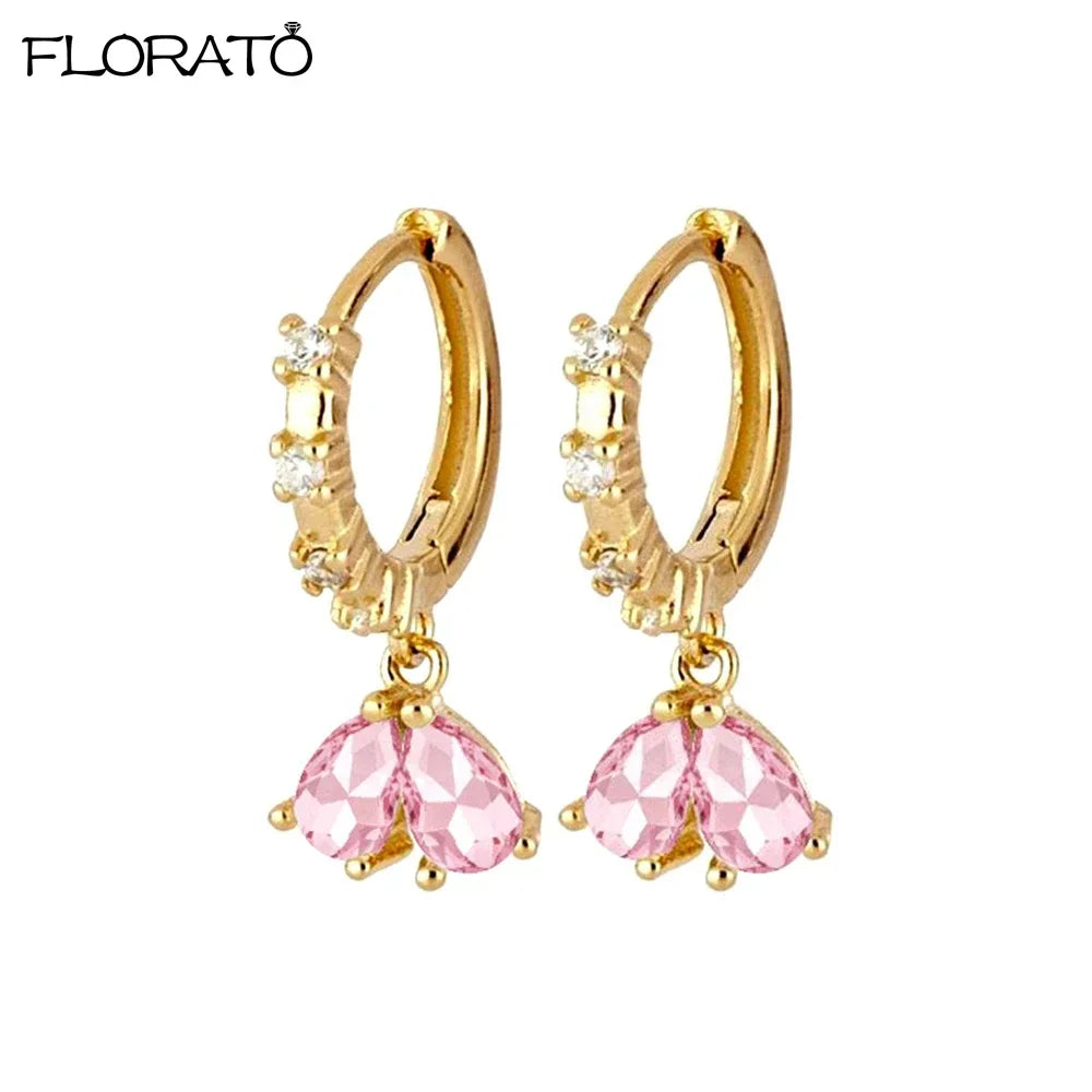 Boucles d’oreilles créoles en argent 925 plaqué or 18K – Zircon rose, style romantique et tendance