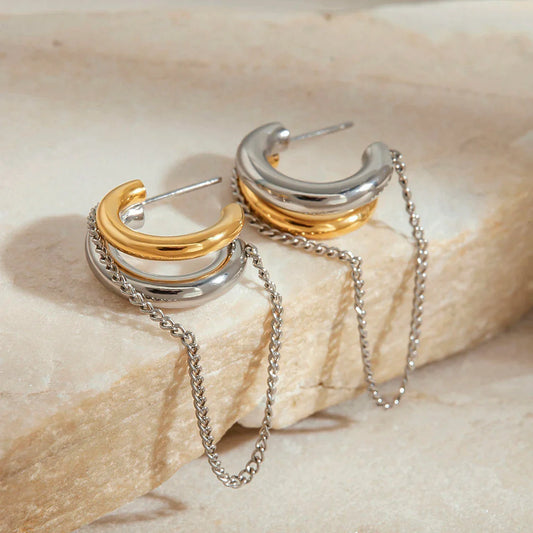 Boucles pendantes chaîne bicolore dorées