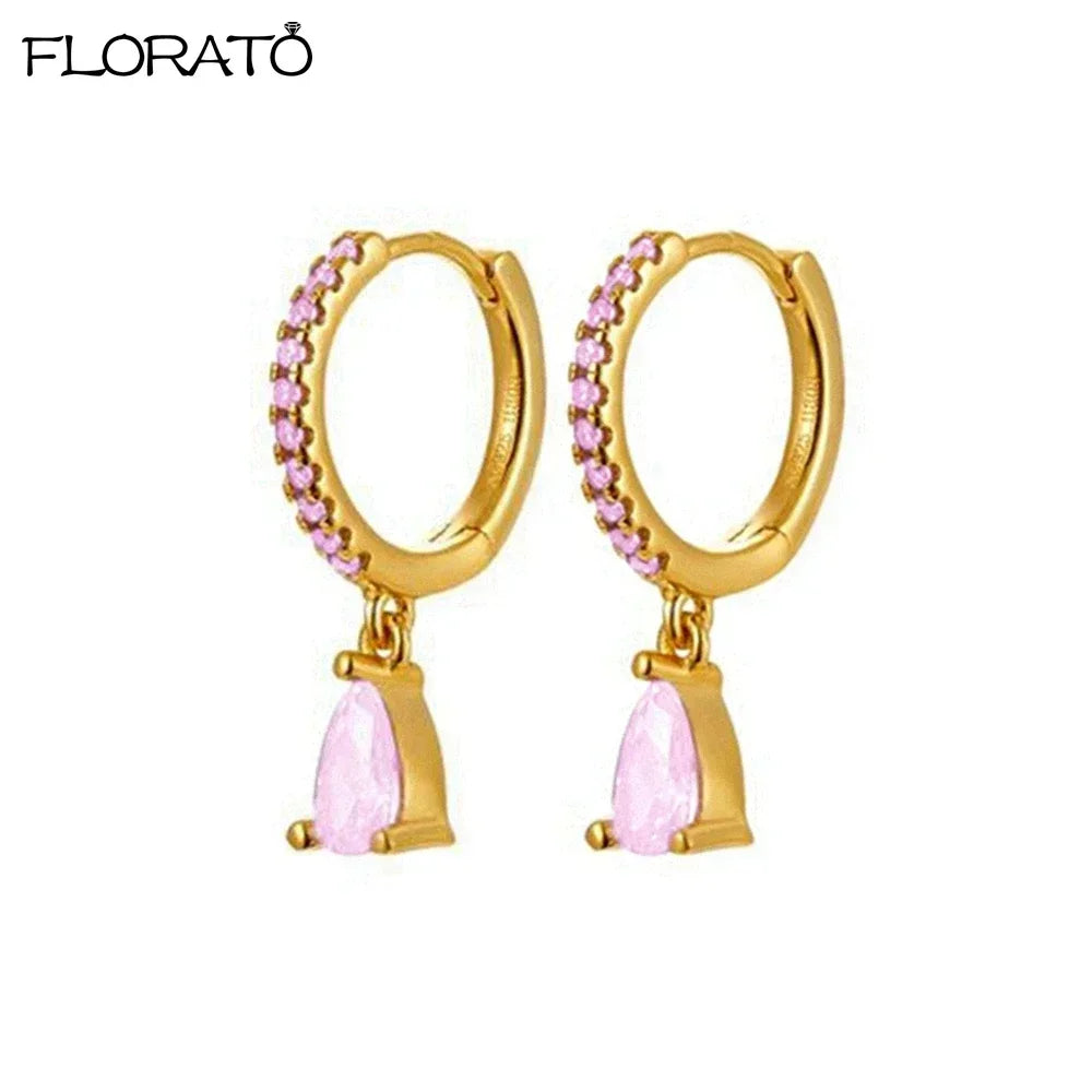 Boucles d’oreilles créoles en argent 925 plaqué or 18K – Zircon rose, style romantique et tendance