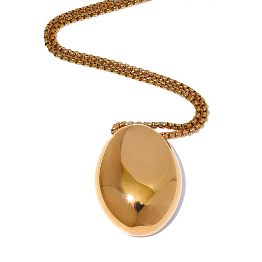 Collier long pendentif ovale en acier inoxydable