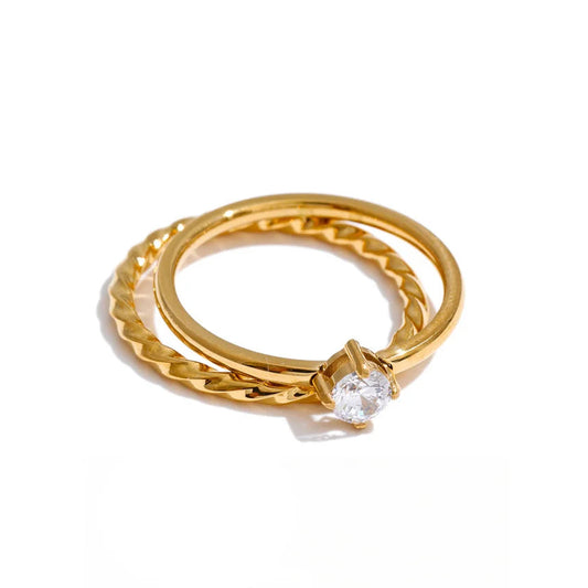 Bague superposable double en acier inoxydable & zircon – Plaqué or 18k