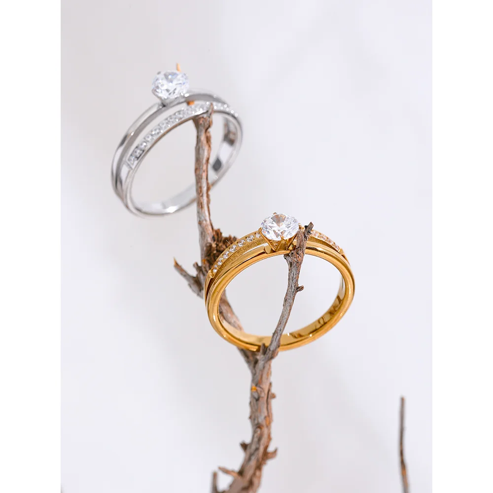 Bague double rang sertie – Acier inoxydable & zircon brillant
