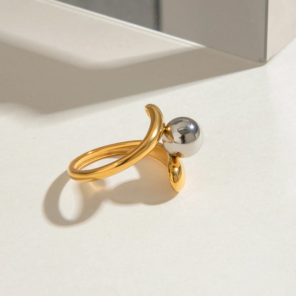 Bague triple rang boules doré & argent en acier inoxydable