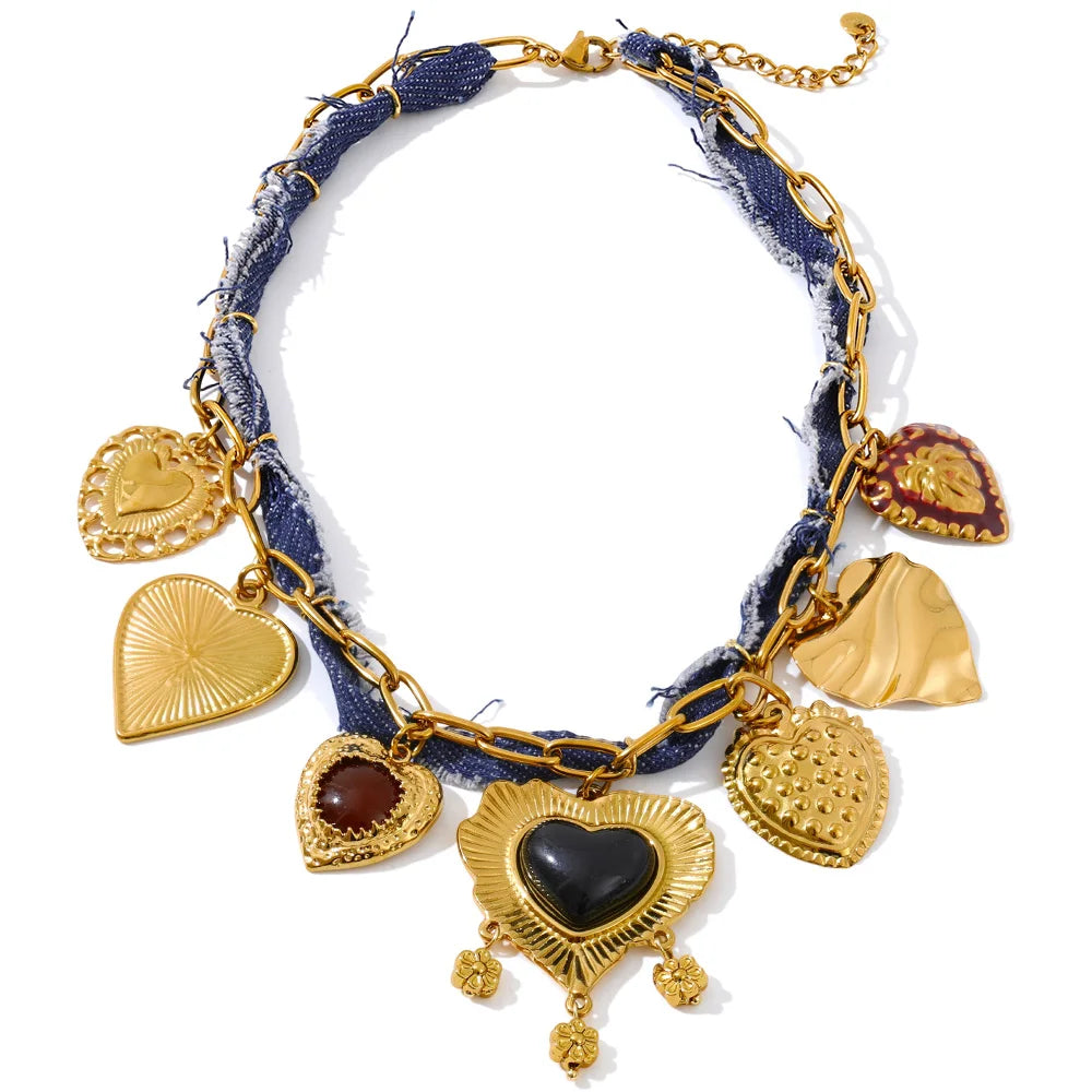 Collier denim & charms cœur