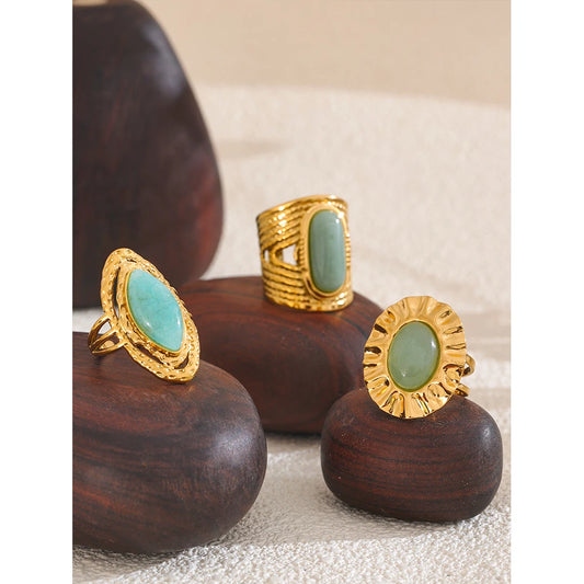 Bague réglable en acier inoxydable doré avec pierre naturelle verte – Bijou géométrique